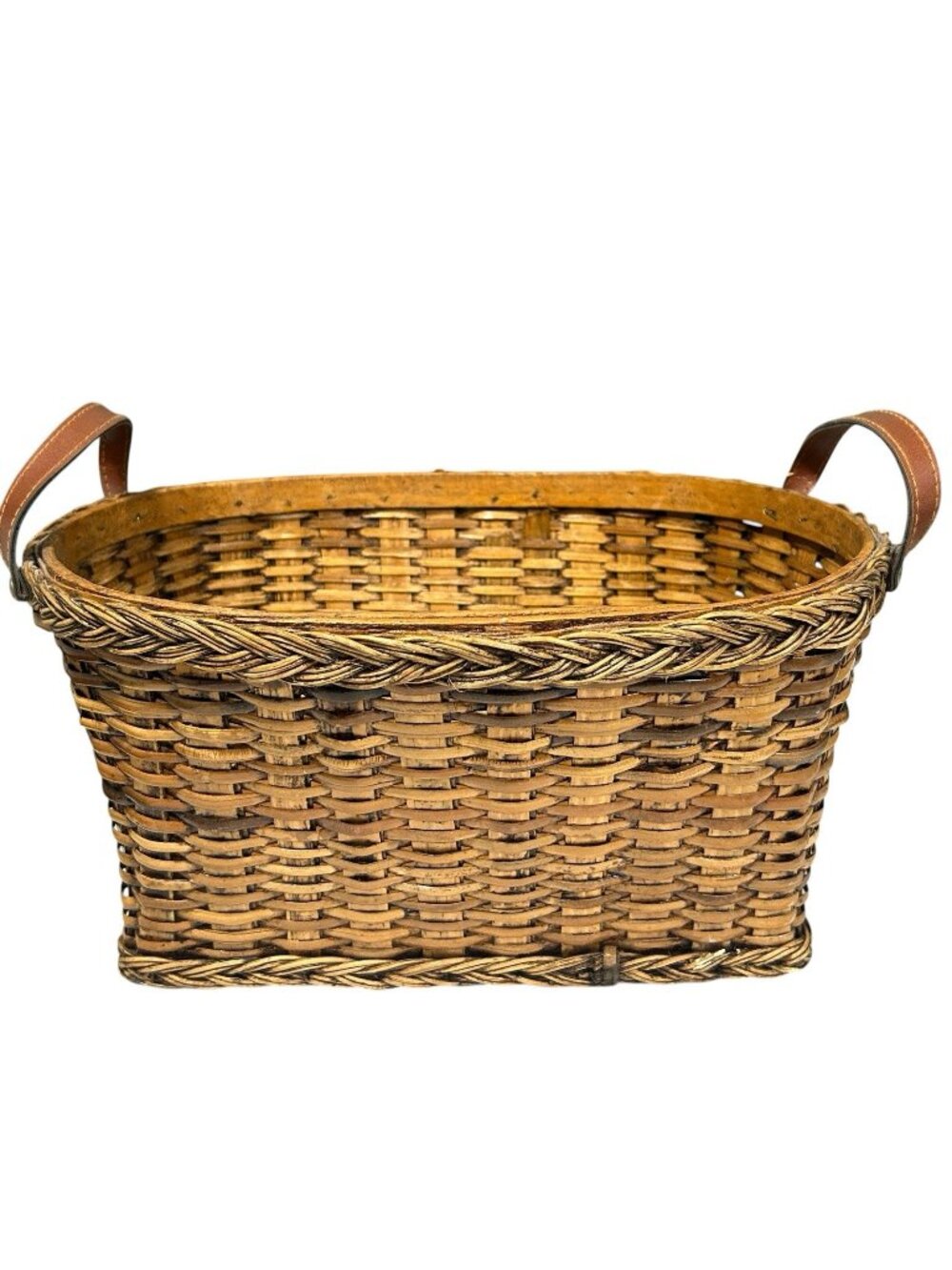 Vintage Hand Woven Splint Basket Solid Wood Bottom Leather Loop Handles Folk Art